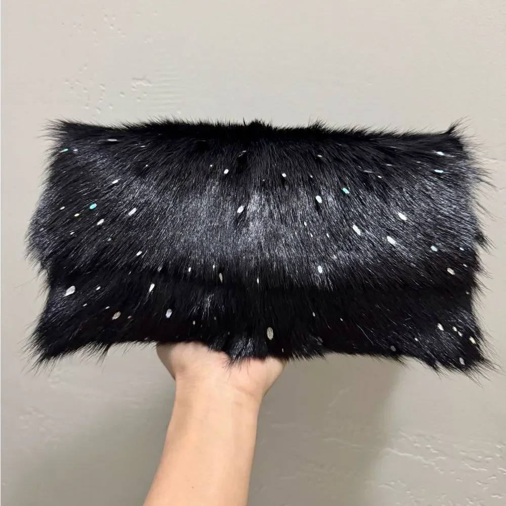 Black Real Goat Hair-on Hide Handmade Baguette Bag, 2 Straps Style